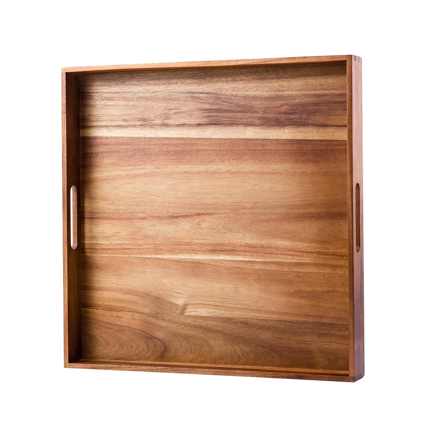 Serving Tray with Handles, 20 Inch Large Square Ottoman Tray Acacia Wood Decorative Tray for Living Room, Ottoman Coffee Table, Kitchen, Appetizers, Breakfast, Patio, Party