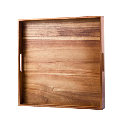 Serving Tray with Handles, 20 Inch Large Square Ottoman Tray Acacia Wood Decorative Tray for Living Room, Ottoman Coffee Table, Kitchen, Appetizers, Breakfast, Patio, Party