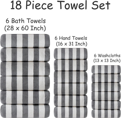 18 Set Loop-6 Towels,6 Towels,6 Set Pcs Gray Stripe Bath Towel with Hanging Bath Hand Washcloths Soft Family Towels