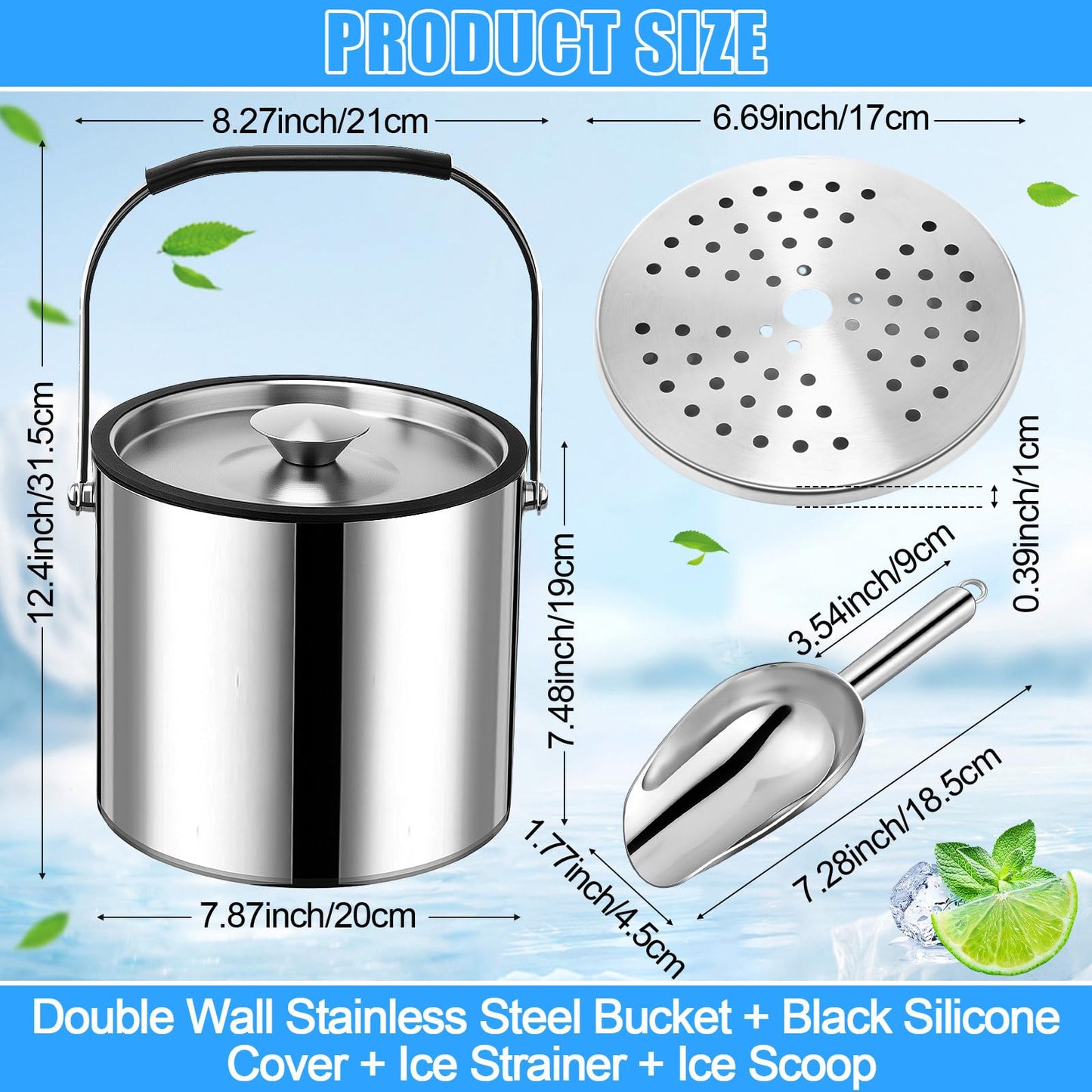 meekoo 4 L Double Wall Insulated Ice Bucket with Lid, Scoop, Strainer, Handle Large Stainless Steel Wine Ice Bucket Upgraded Cover Keep Frozen Longer for Cocktail Bar Parties(Silver)