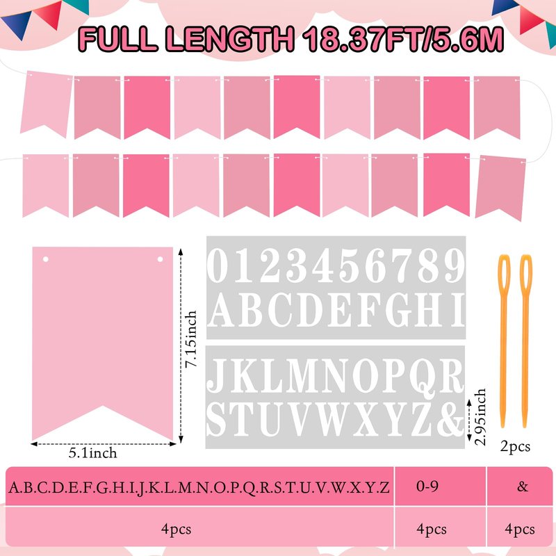 Mooliwe 171 Pcs DIY Custom Banner Kit Make Your Own Customizable Sign for Birthday Wedding Party Decoration Include 20 Paper Pennant 148 Letters and Numbers 1 Rope 2 Threading Device (Pink)