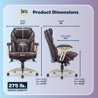 Serta Claremont Ergonomic Executive Office Chair with Back in Motion Technology, Adjustable Mid Back Desk Chair with Lumbar Support, Bonded Leather, Chestnut Brown