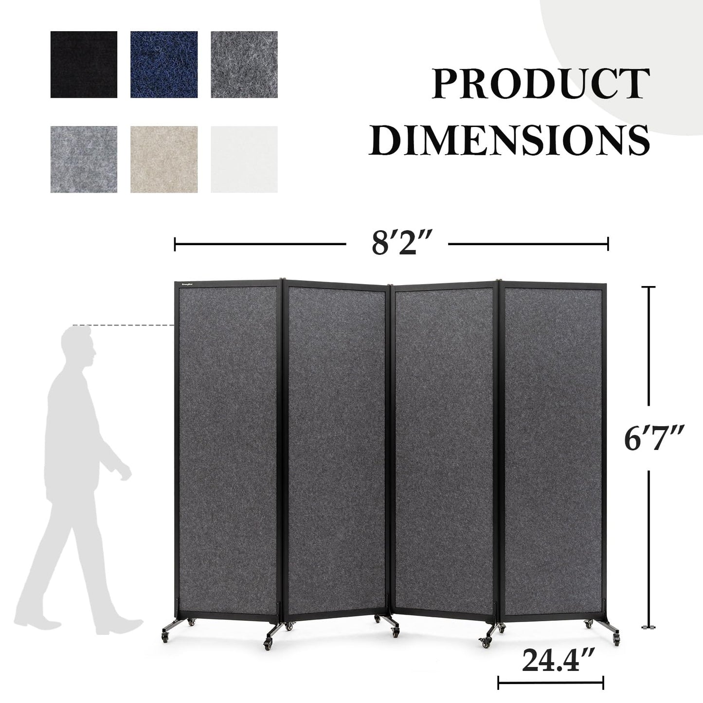 Upgrade Version Room Partition and Divider, Freestanding Rolling Dividers with Wheels,Office Privacy Screen Divider Wall,Classroom Felt Dividers,8'2"L* 6'7"H,4 Panel，Dark Grey