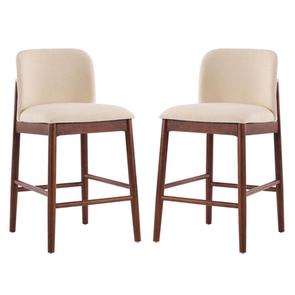 Christopher Knight Home Yumi Counter Height Bar Stools Set of 2, Fabric Upholstered Bar Stool for Kitchen Island, Armless Rubberwood Counter Stools with Solid Backrest + Footrest, Beige + Dark Walnut