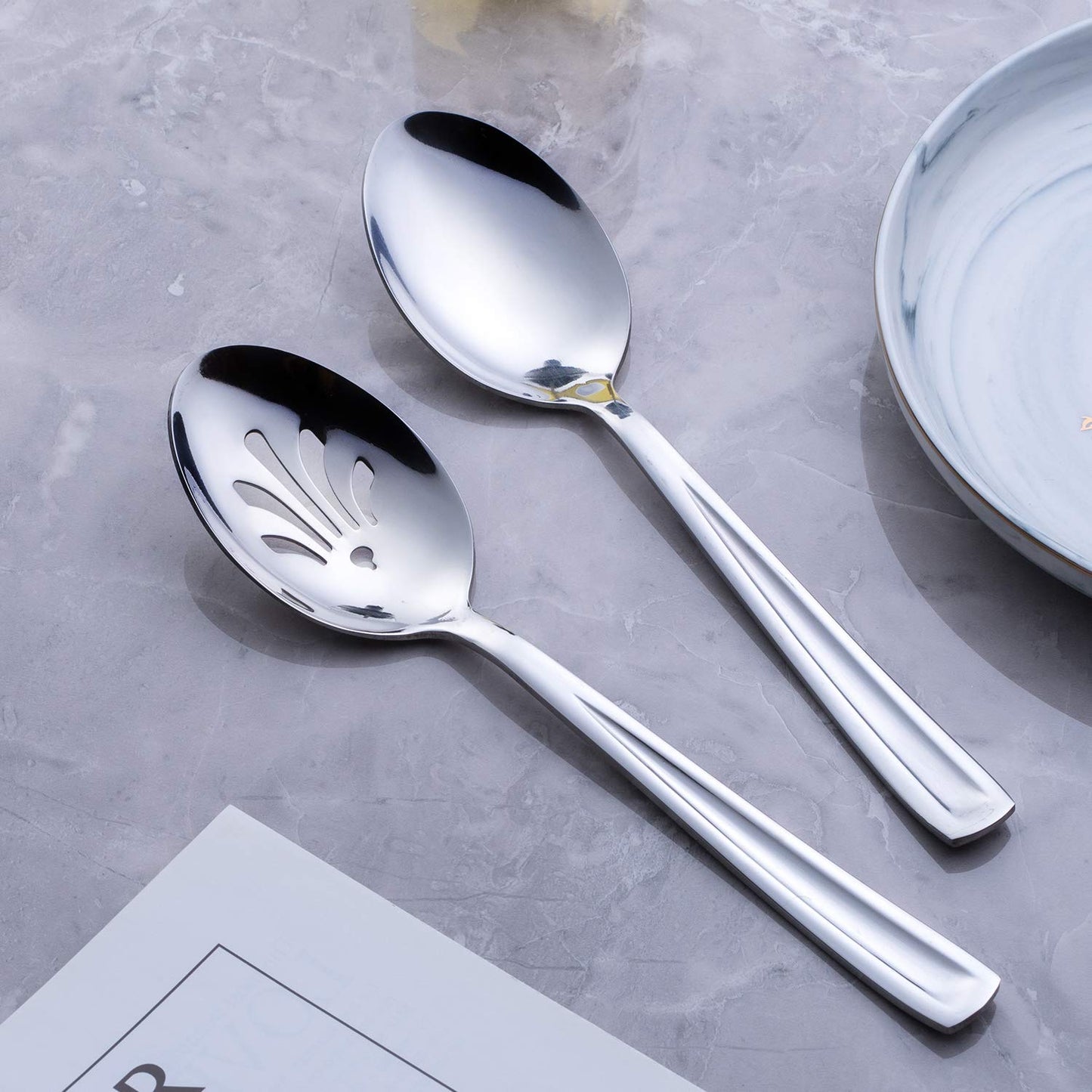 GoGeiLi Stainless Steel Serving Set, 3 Large Spoons and 3 Slotted Spoons, 9.5-inch Catering Set for Party, Banquet, Buffet, Dishwasher Safe