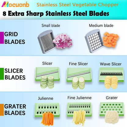 All-in-1 Vegetable Chopper with 8 Blades - Mandoline Slicer-Pro Food Chopper with Container - Veggie Salad Onion Chopper - Potato Dicer French Fry Cutter - Cheese Grater - Stainless Steel material
