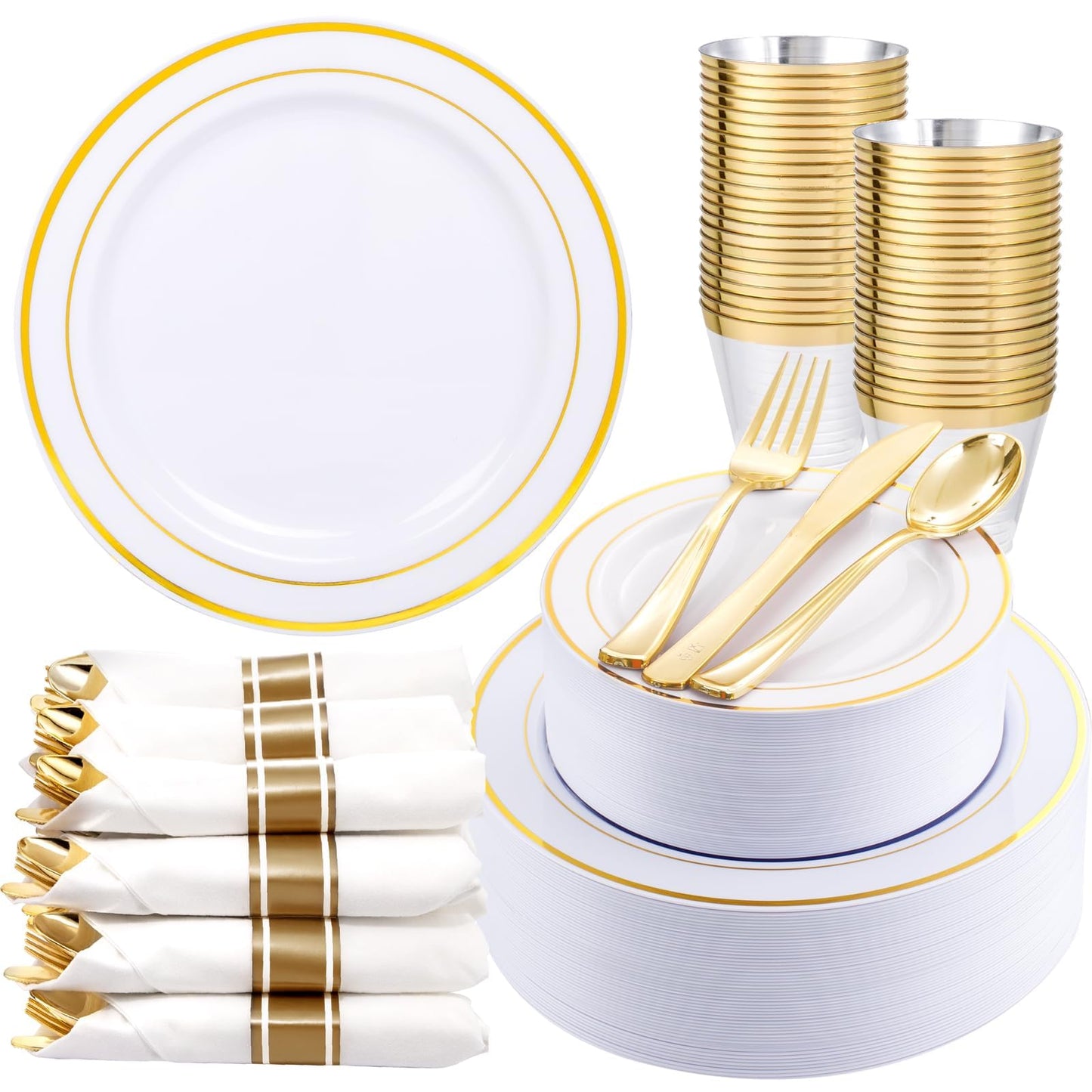 WDF Partyware 350Piece Gold Dinnerware Set for 50 Guests - Gold Plastic Plates with Disposable Cutlery - 50Dinner Plates-50Dessert Plates-50Pre Rolled Napkins with Silverware for Wedding/Mother's Day