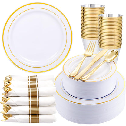 WDF Partyware 350Piece Gold Dinnerware Set for 50 Guests - Gold Plastic Plates with Disposable Cutlery - 50Dinner Plates-50Dessert Plates-50Pre Rolled Napkins with Silverware for Wedding/Mother's Day