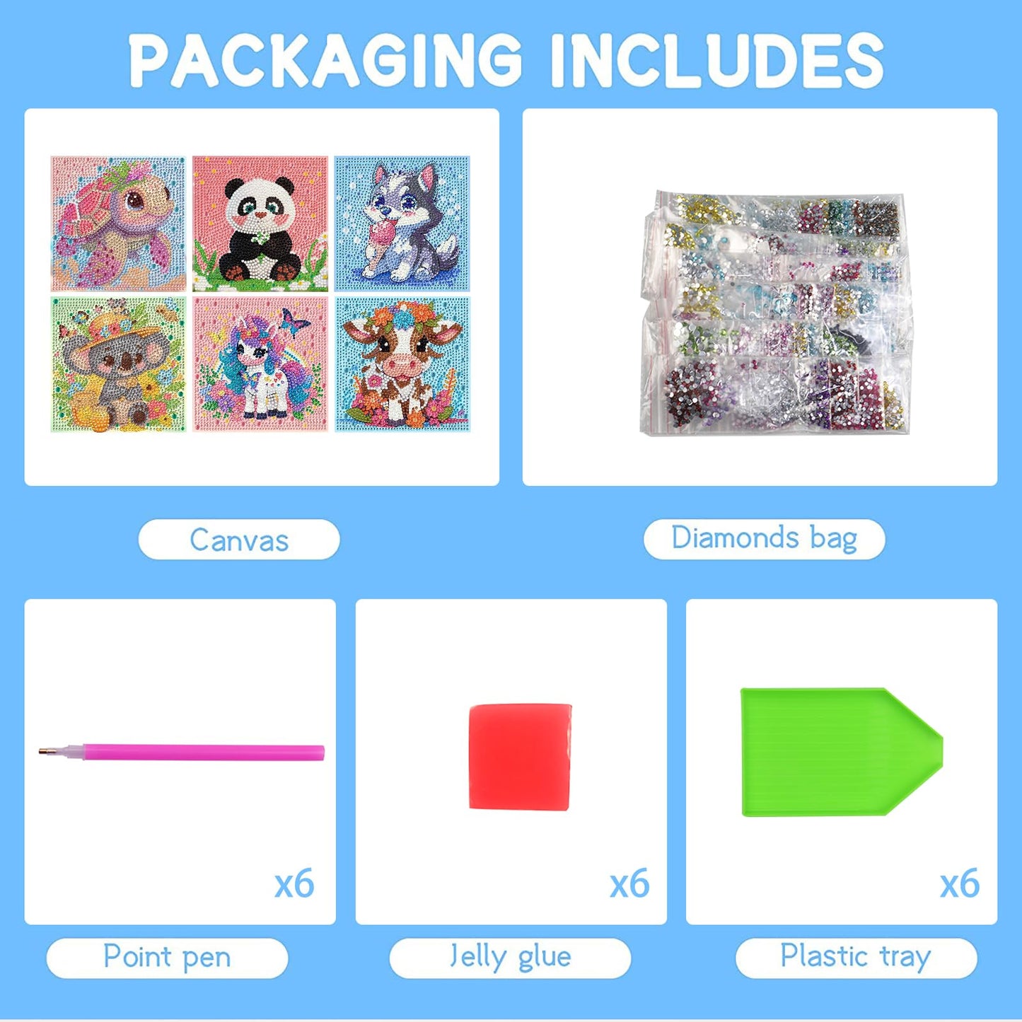 Bzconxin 6 Pieces Cartoon Animals Diamond Painting Kits for Kids Beginners,Diamond Art for Kids Ages 6-12 Girls Boys,5D Full Round Drill Big Gem Arts and Crafts for Home Wall Decor 6x6 Inch