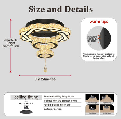 Flashing God Modern Crystal Chandeliers Dia 24" Black Chandelier Flush Mount Ceiling Light for Bedroom Living Room Dining Room Hallway Dimmable 3 Rings LED Celing Lighting Fixtures