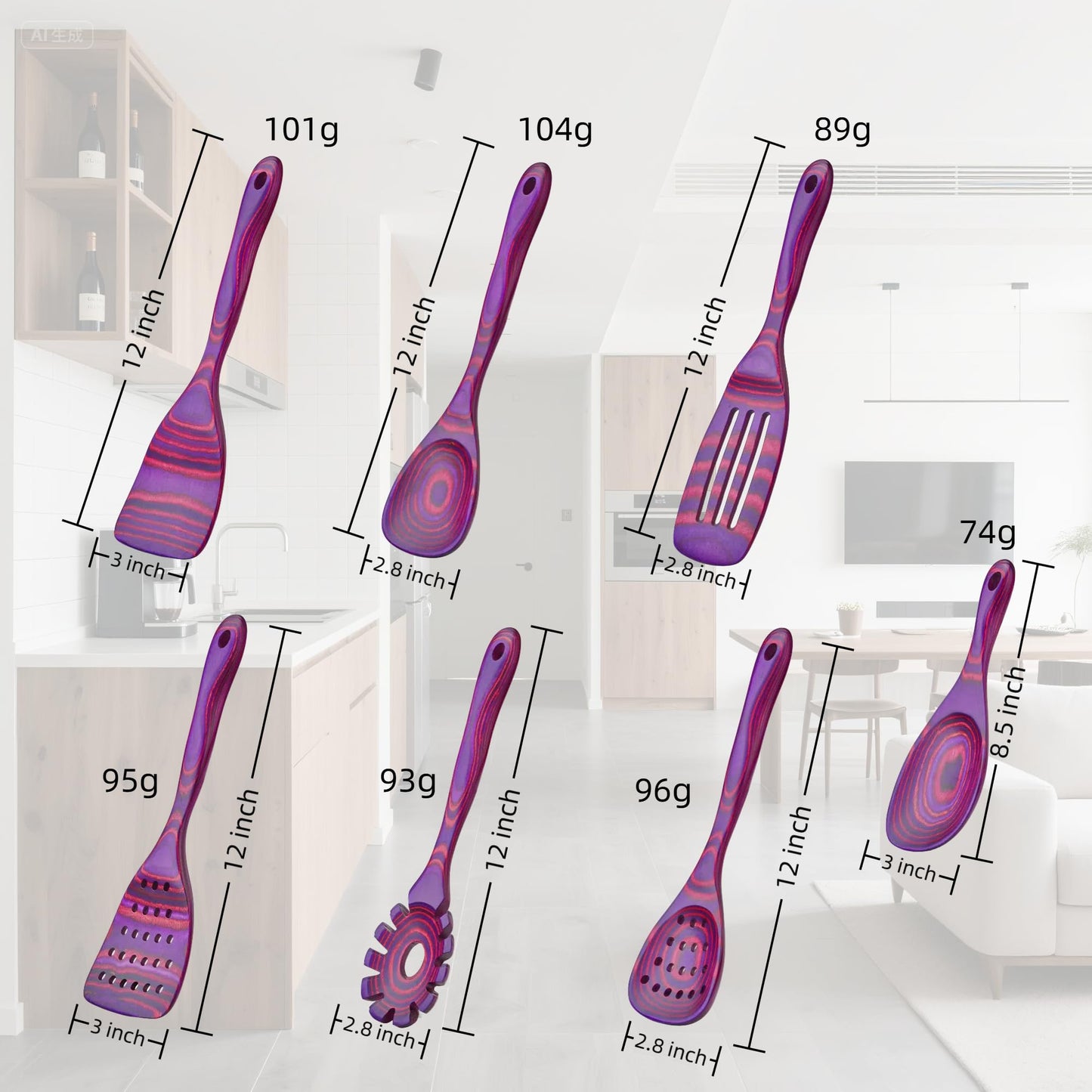 Cokka Praca 7 PCS Pakkawood Kitchen Utensils | Kitchen Cooking Utensil Set | Pakkawood Utensils | Non-Stick Wooden Spoons | Wooden Spoons for Cooking | Byzantium
