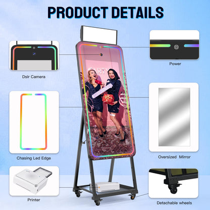 MWE Magic Mirror Photo Booth Machine Touch Screen with Printer,12MP 4K HD Camera,RGB Surround Light Music Sync,Professional Photography Light,Dual System,Software APP Remote Control (47in+Printer)