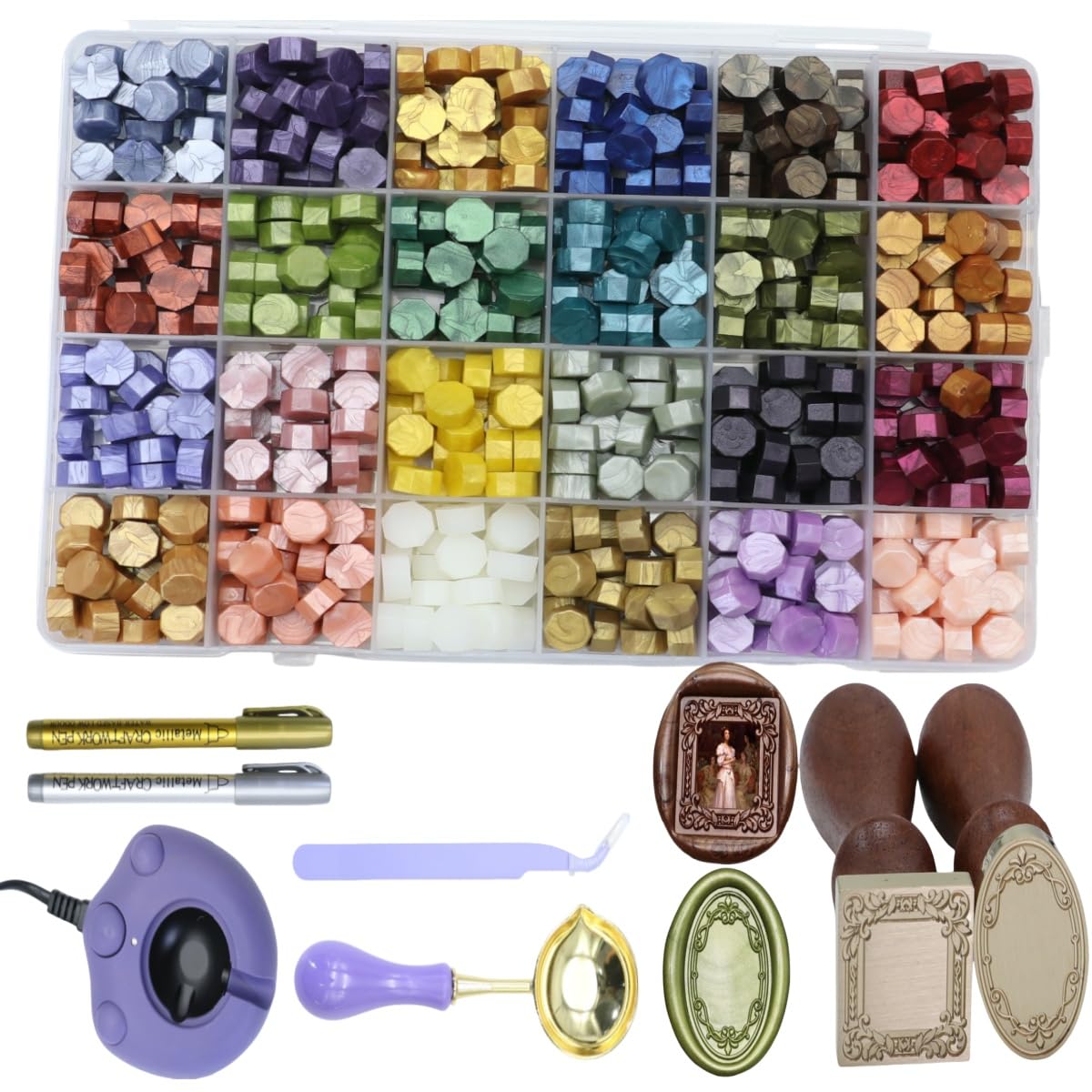 Frame Wax Seal Stemp Kit with 24 Colors Wax Seal Beads 624pcs,Electric Wax Seal Warmer,3D Embossed Frame Wax Seal Stamp,Sealing Wax Spoon, Wax Seal Pen, Tweezer,Wax Seal Stamp kit (24B)