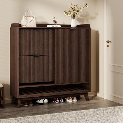 GarveeHome Narrow Fluted Shoe Cabinet Storage for Entryway, Wood Large Freestanding Shoe Organizer Cabinet with Sliding Door, 2 Flip Drawers, Adjustable Shelves Rack & Bottom Open Shelf