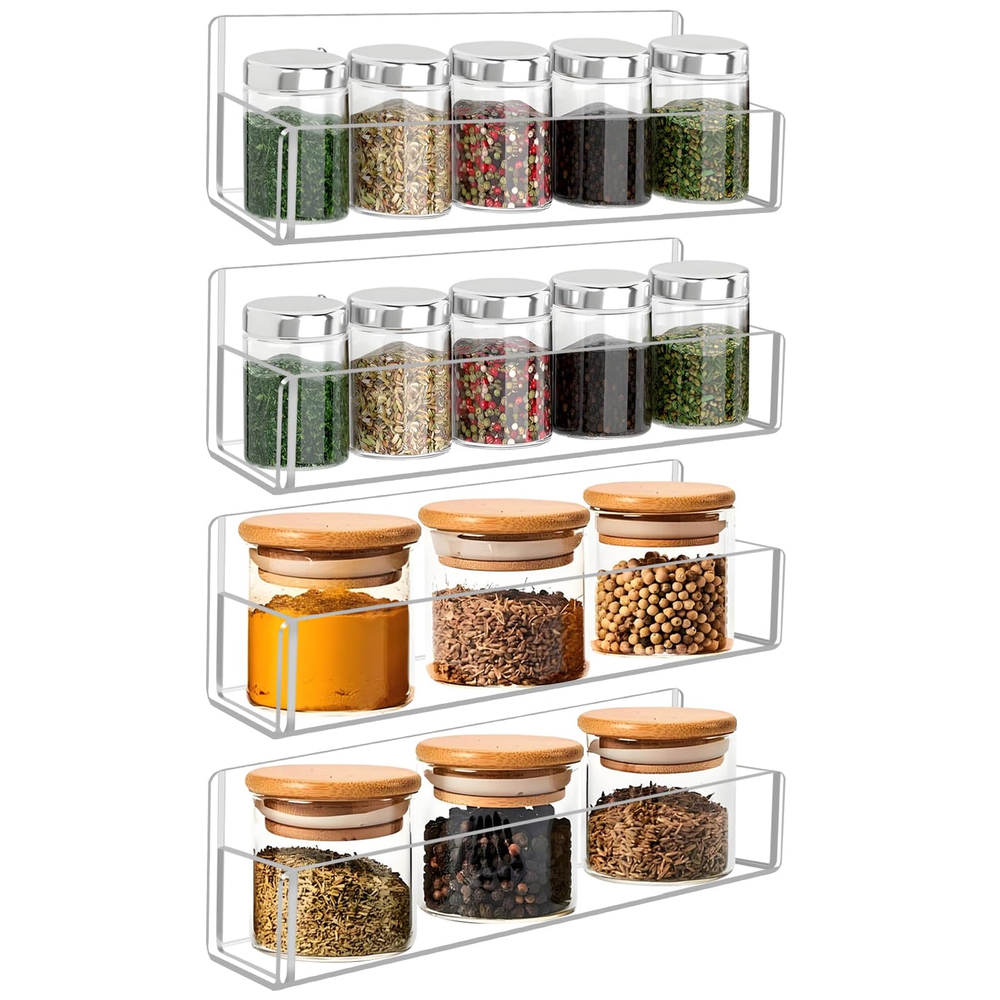 Douildhaiy Acrylic Spice Rack Wall Mount-9 Inch, Clear Spice Shelf Storage Holder, 4 Pack Hanging Seasoning Rack Organizer for Cabinet Door, Cupboard or Wall Kitchen (Adhesive or Screw)