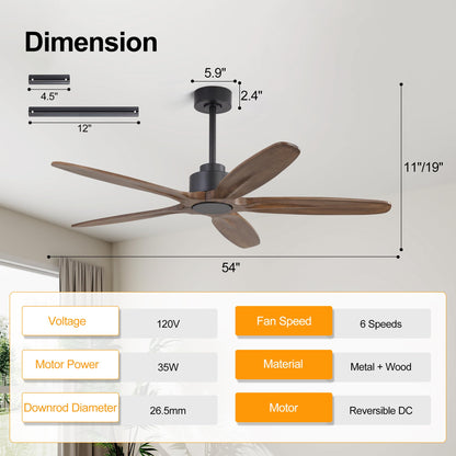 WINGBO 54 Inch Ceiling Fan without Light - 5 Carved Solid Wood Blades, 6-Speed Reversible DC Motor, Noiseless Remote Control Ceiling Fan No Light for Bedroom Living Room Kitchen, Black and Walnut