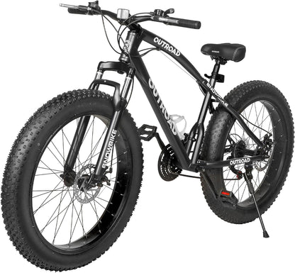 Outroad Mountain Bike Fat Tire with 4-Inch Tire 26 inch Wheels, 21 Speed with High Carbon Steel Frame, Double Disc Brake and Front Suspension Anti-Slip Bikes for Men and Women, Black