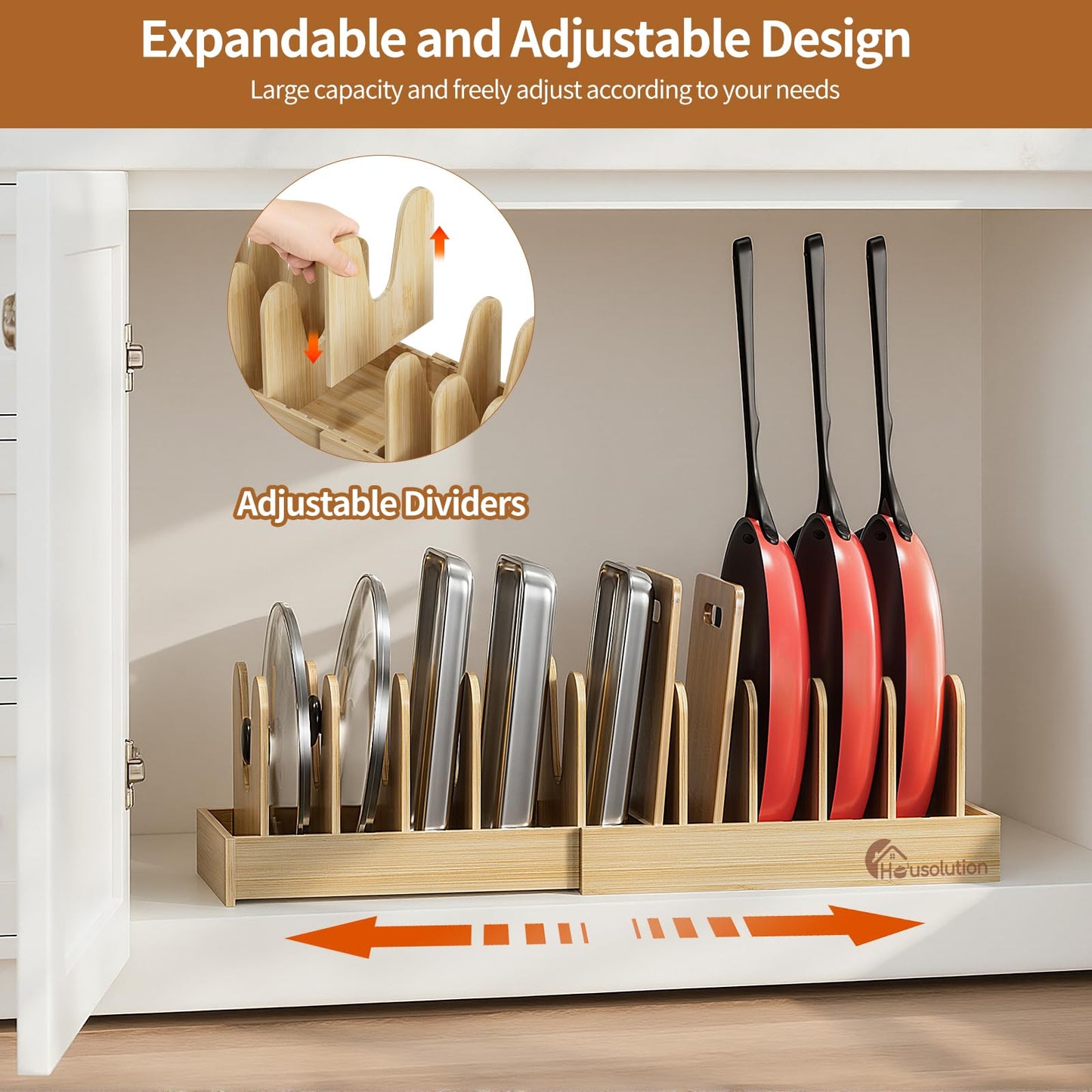 Housolution Bamboo Pot and Pan Organizer for Cabinet, 15"-29" Expandable Pot Lid Organizer with 10 Adjustable Dividers, Pan Holder Storage Rack with Solid Bamboo Wooden Base
