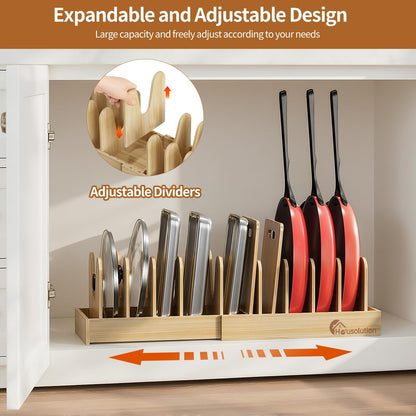 Housolution Bamboo Pot and Pan Organizer for Cabinet, 15"-29" Expandable Pot Lid Organizer with 10 Adjustable Dividers, Pan Holder Storage Rack with Solid Bamboo Wooden Base