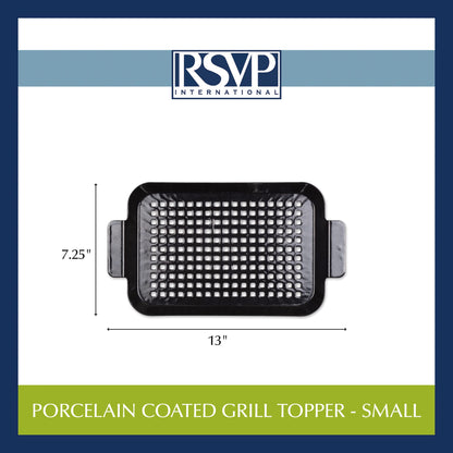 RSVP International Porcelain Coated Steel BBQ Grill Tray/Pan, Outdoor Barbeque Grilling Accessories for Cooking Fish & Vegetables, Dishwasher Safe, Small, 13x7.25"
