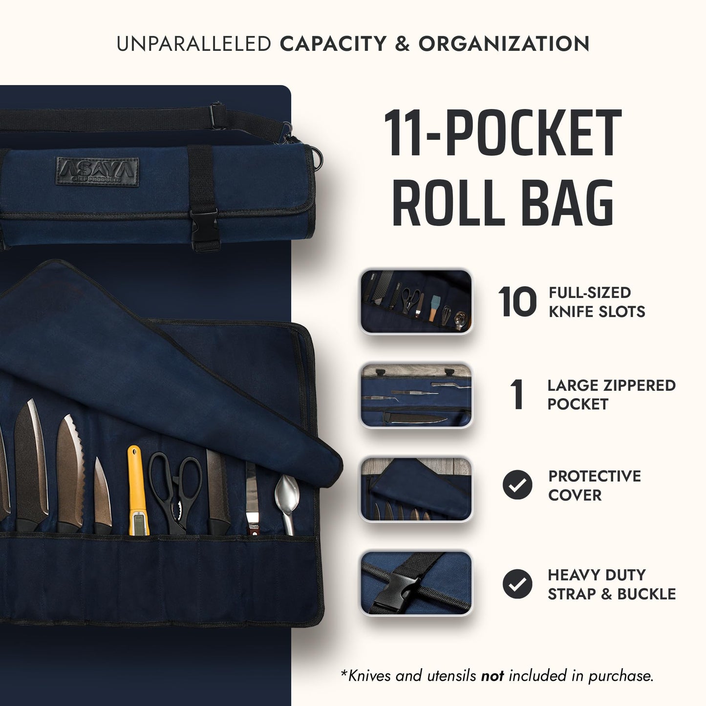 Asaya Waxed Canvas Chef Knife Roll Bag with 10 Slots and a Zipper Pocket - Professional Chef Knife Bag & Storage Case, with Shoulder Strap - Knives Not Included (Blue)