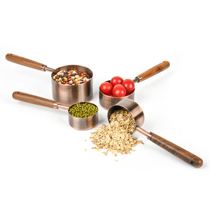 Smithcraft Copper Measuring Cups & Spoons Set 8, Stainless Steel Measuring Cups and Spoons Set for Baking and Kitchen, Metric & US Metal Measure Cup & Spoon with Wood Handle for Dry & Liquid