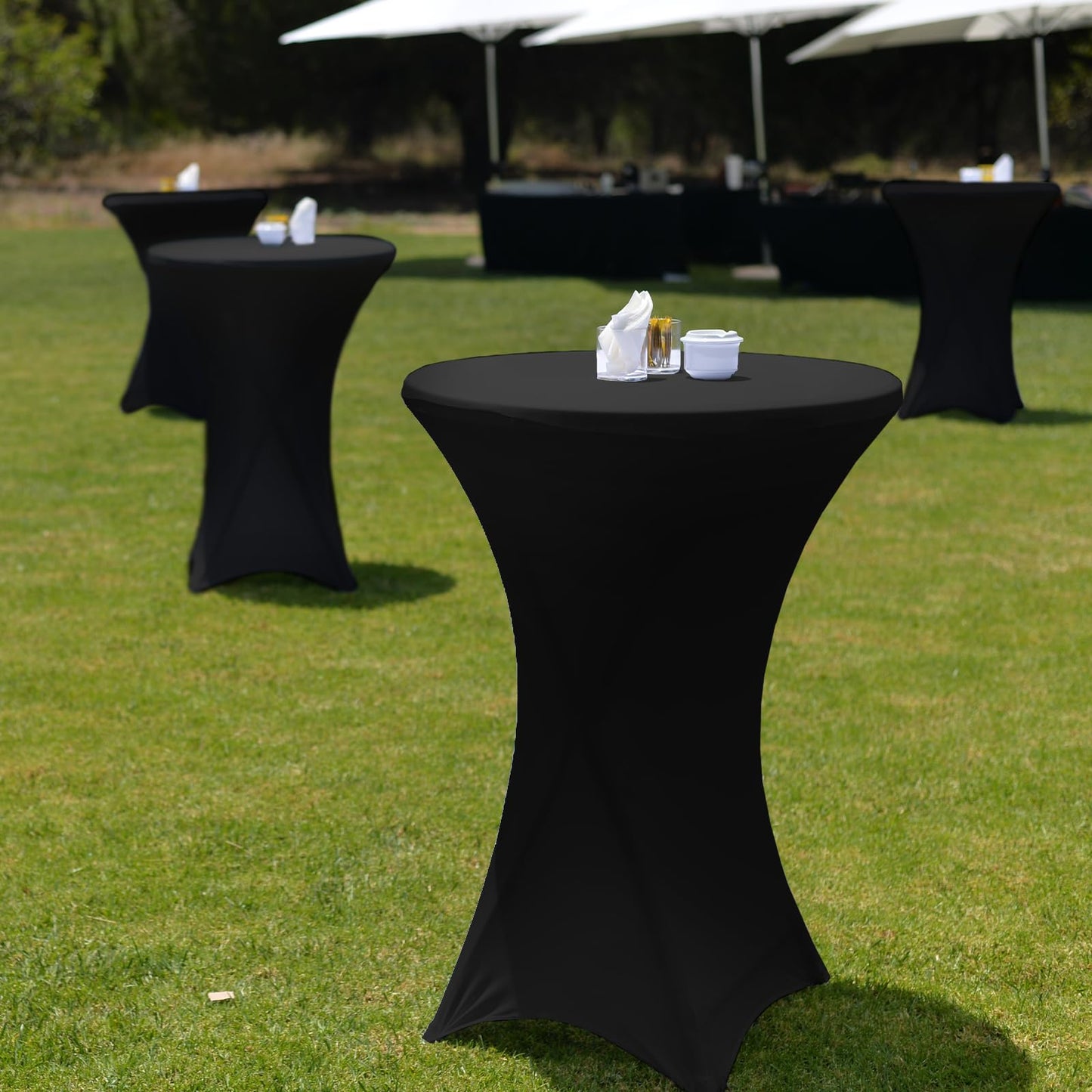 Wenqik 2 Sets 32" High Top Round Folding Cocktail Tables White Bar Height with Removable Legs & 32"x43" Spandex Stretch Table Covers (Black)