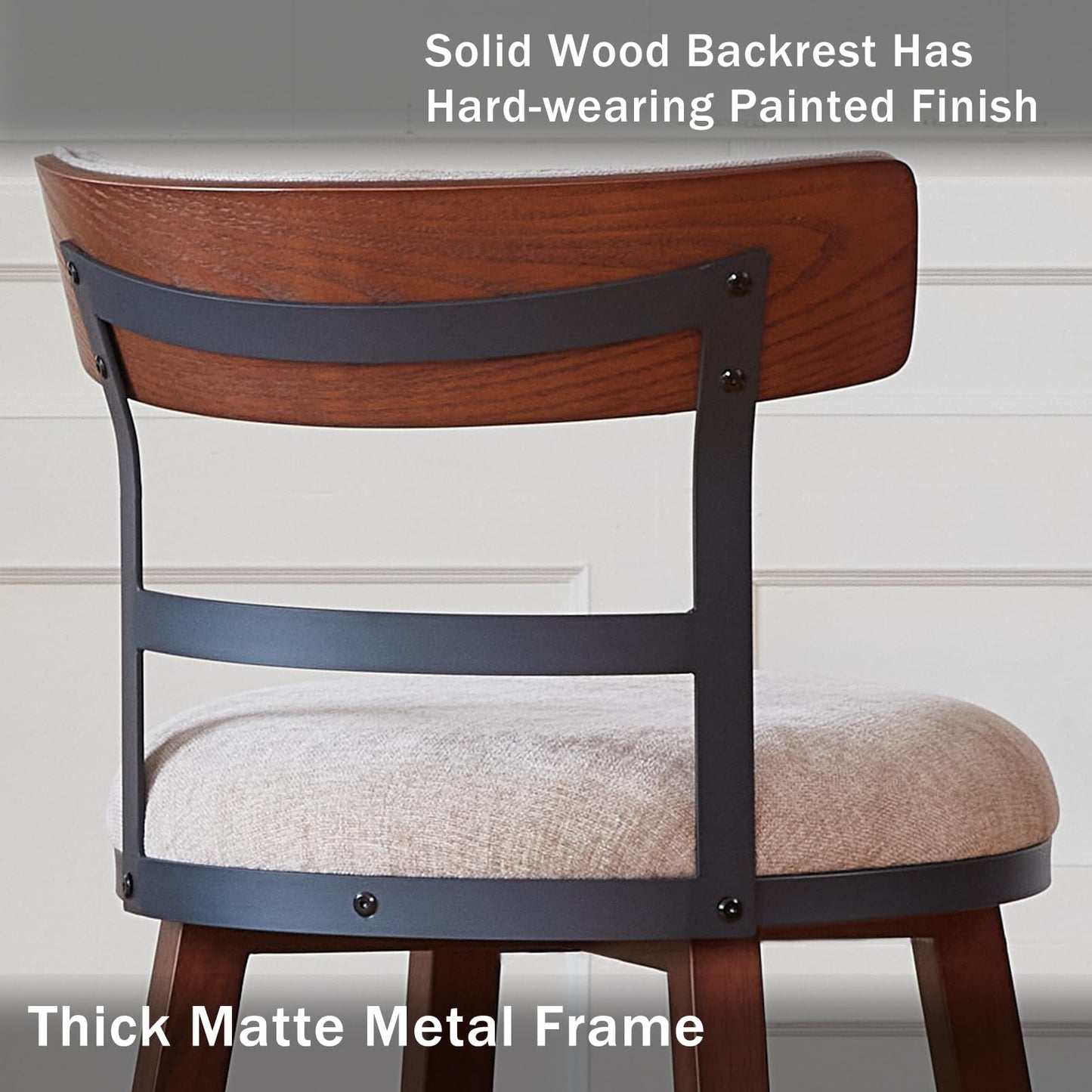Finekoze Modern Bar Stools Set of 2, 26" Thick Upholstered Barstools with Curved Frabic Backrest&Solid Wood Legs&Matte Metal Frame, Counter Height Bar Stools for Kicthen Island,Khaki