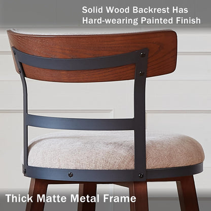 Finekoze Modern Bar Stools Set of 2, 26" Thick Upholstered Barstools with Curved Frabic Backrest&Solid Wood Legs&Matte Metal Frame, Counter Height Bar Stools for Kicthen Island,Khaki