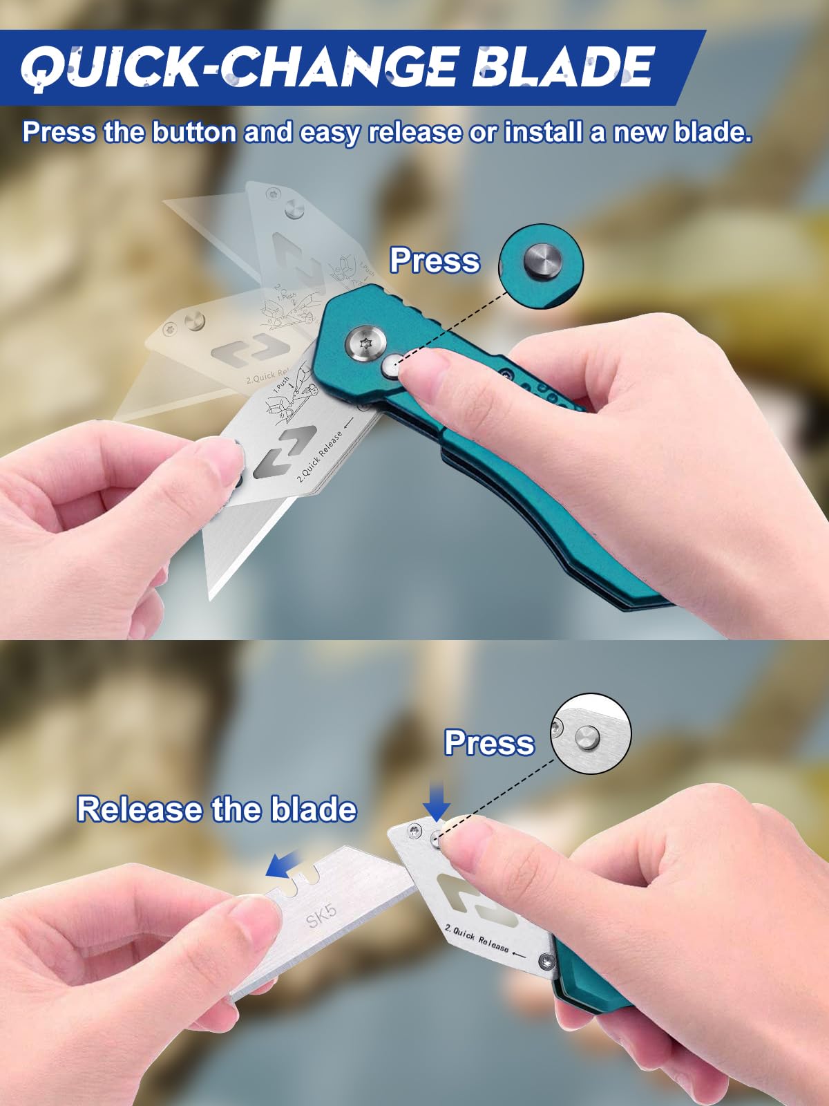BIBURY Utility Knife, Heavy Duty Folding Box Cutter, Pocket Carpet Cutter Knife with 10 Extra SK5 Stainless Steel Blades, Easy Release Button, Belt Clip, Quick Change and Safety Lock-Green