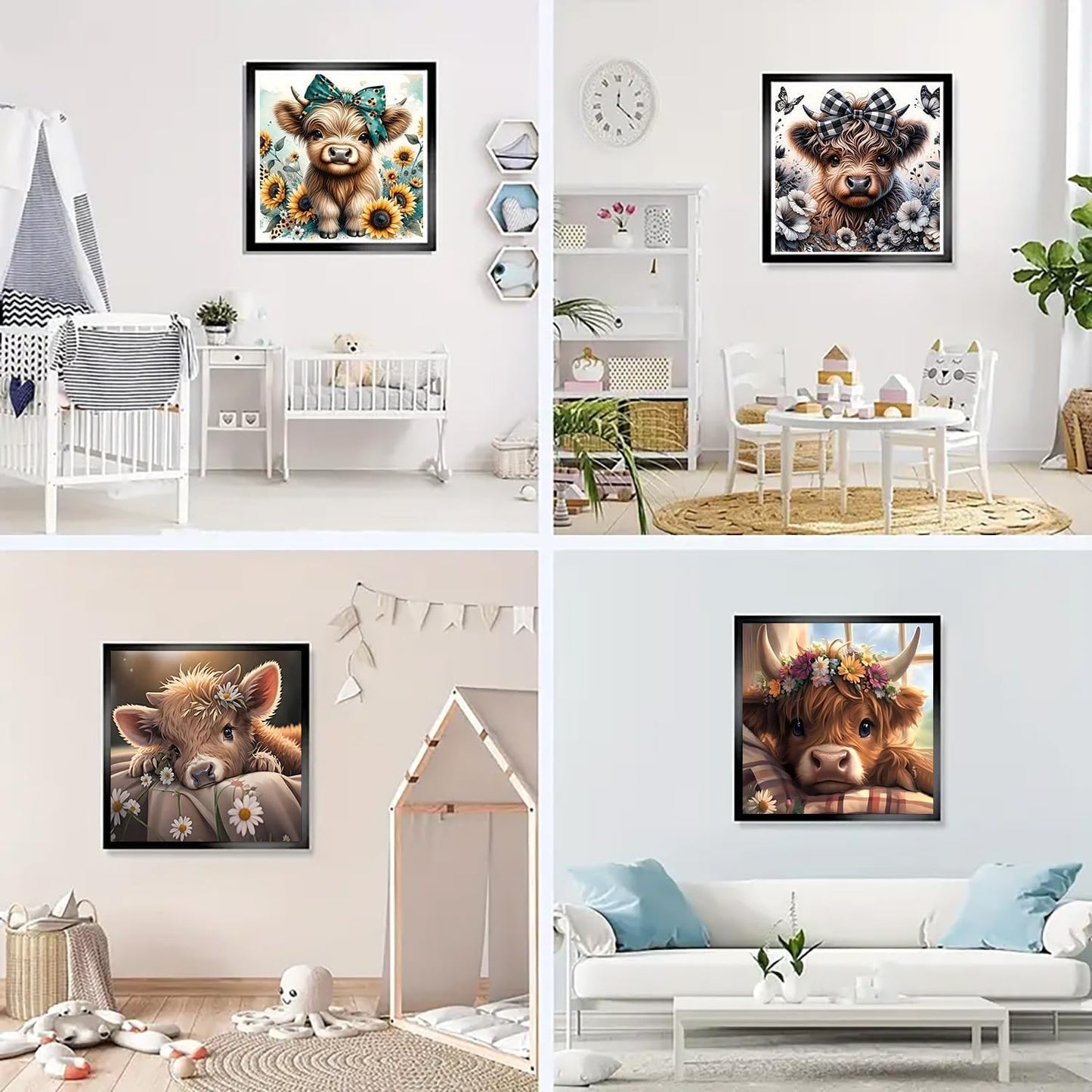 mrpwnle 4 Pack Cow Diamond Art Kits for Adults - DIY Cute Animals Diamond Painting Kits for Adults Beginner, Simple 5D Full Drill Diamond Art Dots Gem Art Kit for Home Wall Decor 12x12inch