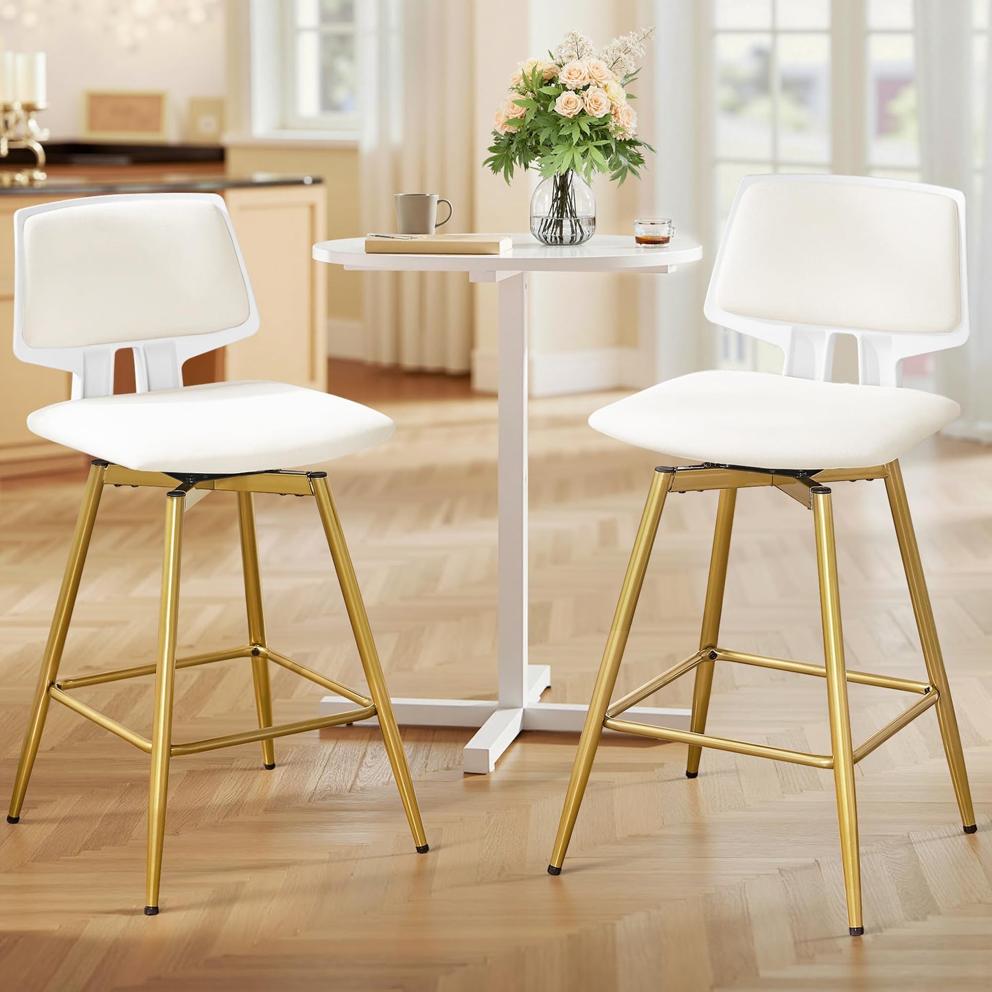 VECELO Swivel Upholstered Bar Stools Set of 4, Counter Height Barstools with Back, Metal Legs, 35.2-Inch Tall Barstools for Kitchen Island, Home Bar, Cafe, White