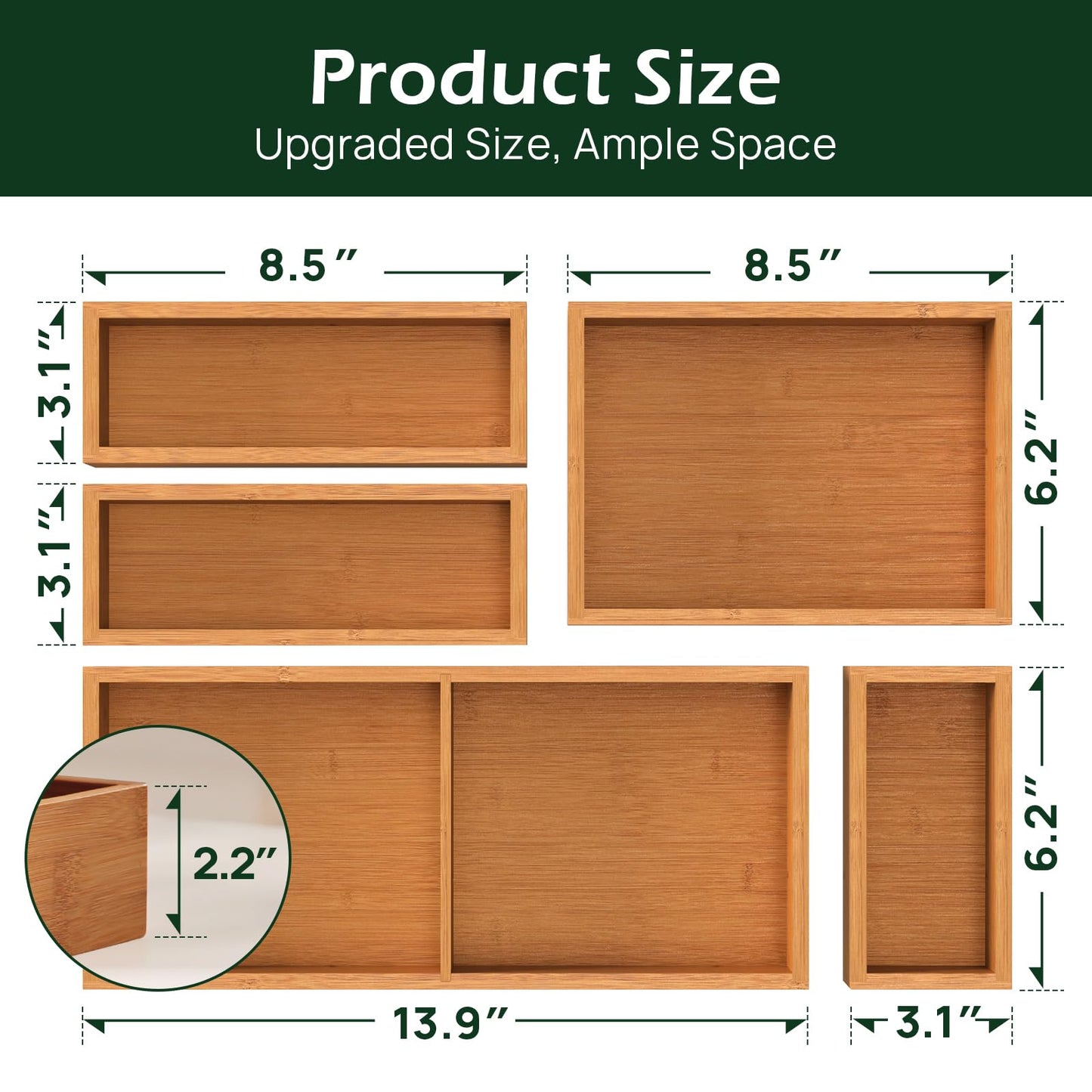 Carbonized Bamboo Kitchen Drawer Organizer, 8 Slots Silverware Organizer, Utensil Holder & Cutlery Tray, 2.2" Deep for Extra Capacity, Non-Slip Feet Included