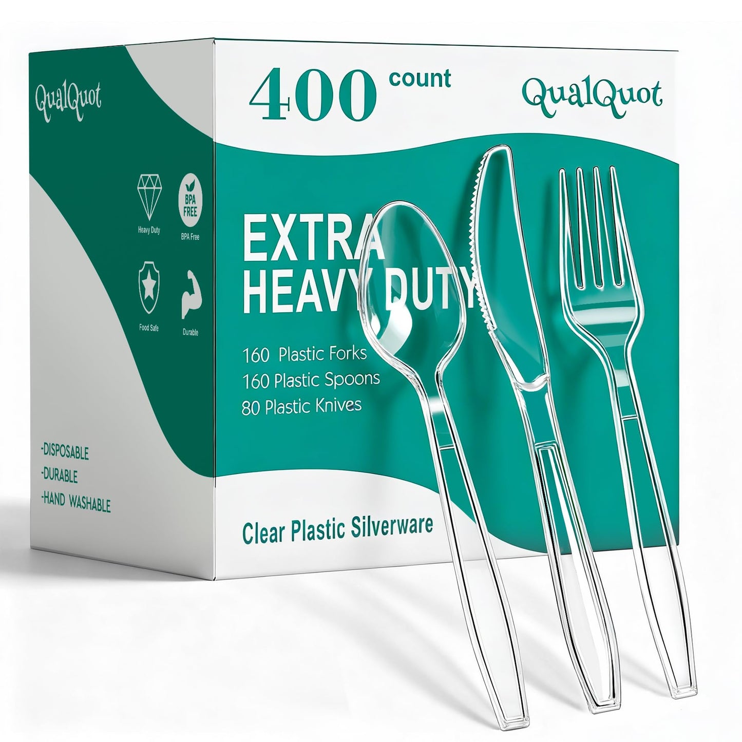 QualQuot 400 Count Clear Plastic Silverware, Extra Heavy Duty Plastic Utensils Set Includes 160 Forks, 160 Spoons and 80 Knives, BPA-Free and Heat Resistant Disposable Cutlery for Party and Daily Use