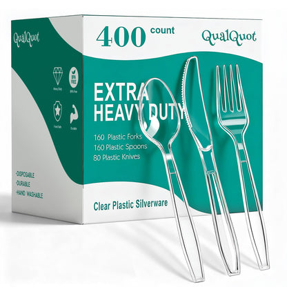 QualQuot 400 Count Clear Plastic Silverware, Extra Heavy Duty Plastic Utensils Set Includes 160 Forks, 160 Spoons and 80 Knives, BPA-Free and Heat Resistant Disposable Cutlery for Party and Daily Use