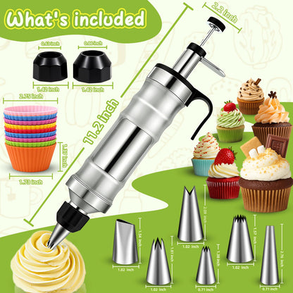 FANTEXY Dessert Decorating Syringe Set, Icing Piping Kit Stainless Steels Cake Decorating Tools 6 Piping Icing Nozzles Cupcake Decorating Kit
