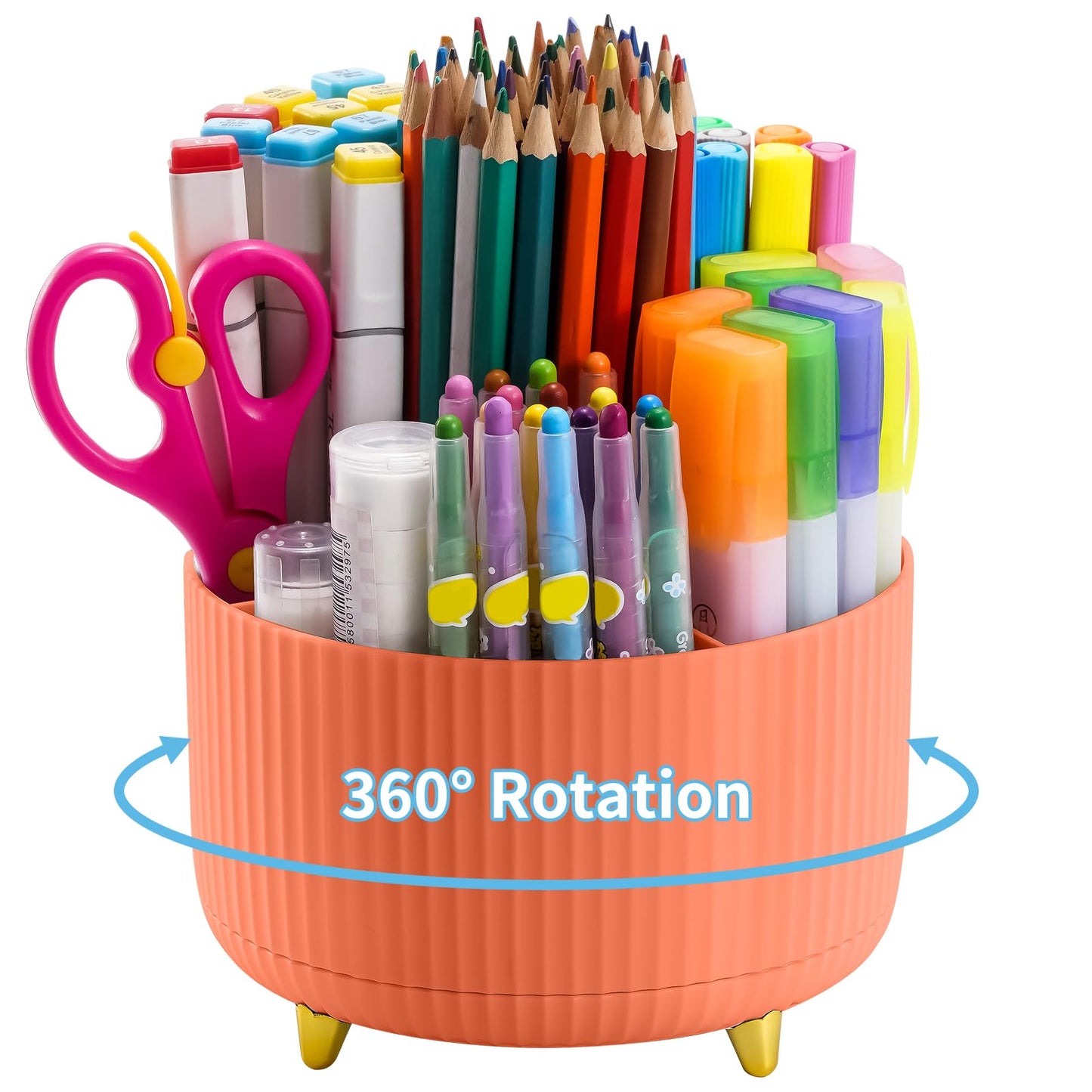 Marbrasse Desk Organizer, 360-Degree Rotating Pen Holder, Desk Organizers and Accessories with 5 Compartments Pencil Holder, Art Supply Storage Box Caddy for Office, Home（Orange）