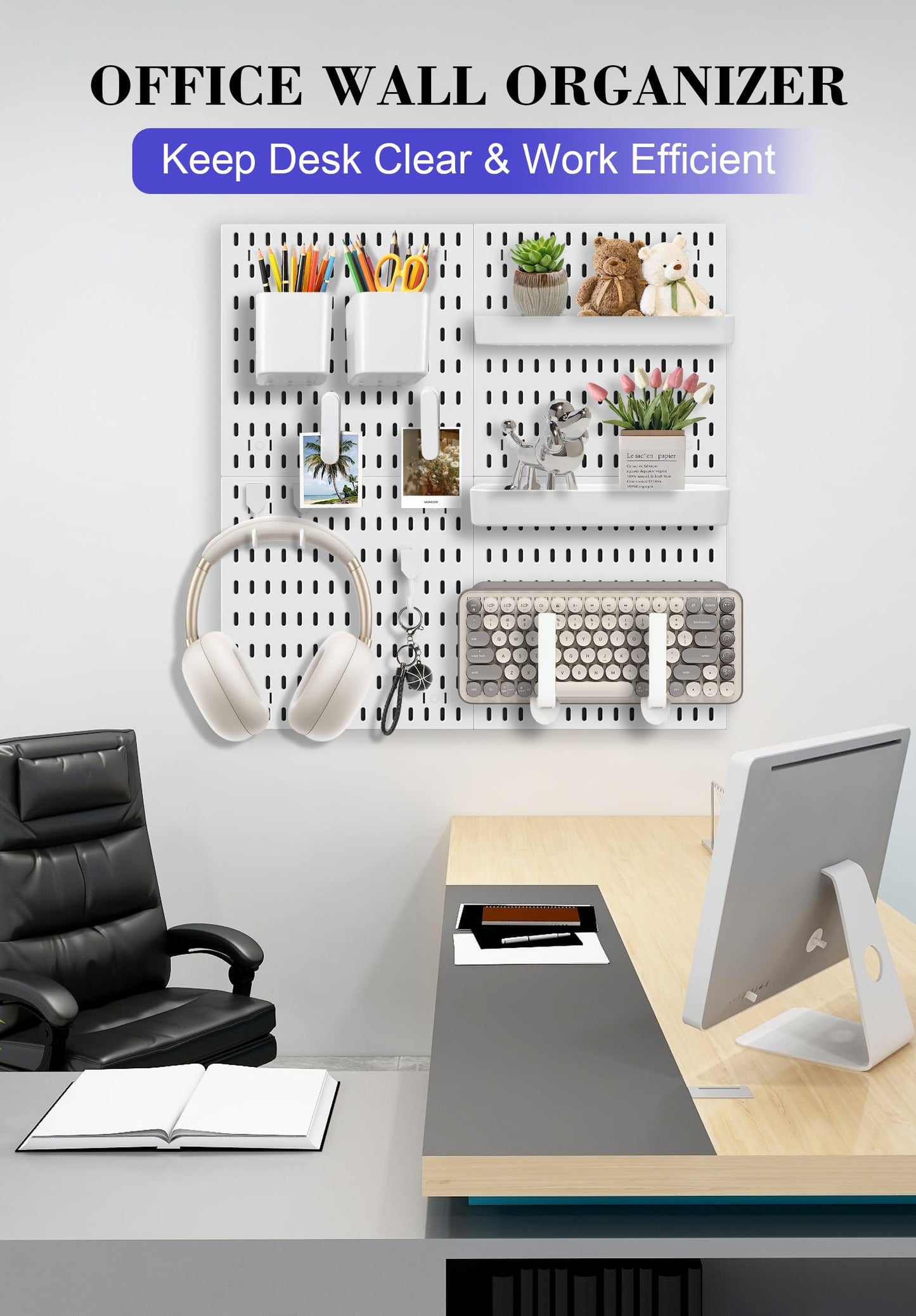 Skwelom Pegboard Wall Organizer Set – 4 Peg Boards with Hooks & Shelves – Office, Kitchen, Gaming Room Desk Pegboard Storage – Peg Board Wall Display Rack (White)