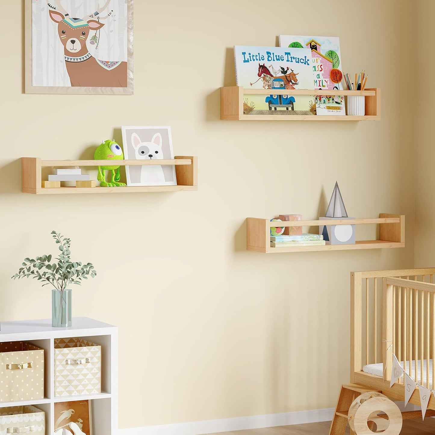 16.5 Inch Set 3, Fixwal Nursery Shelves, Floating Bookshelves for Wall of Baby Nursery Decor, Solid Wood Wall Mounted