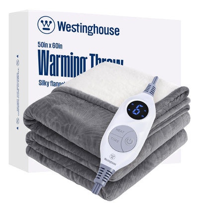 Westinghouse Heated Throw Blanket, Flower Jacquard Electric Blanket Throw with 6 Heating Levels and 2-10 Hours Auto-Off, Flannel to Sherpa Super Cozy Heated Blanket, Machine Washable (50" x 60" Beige)