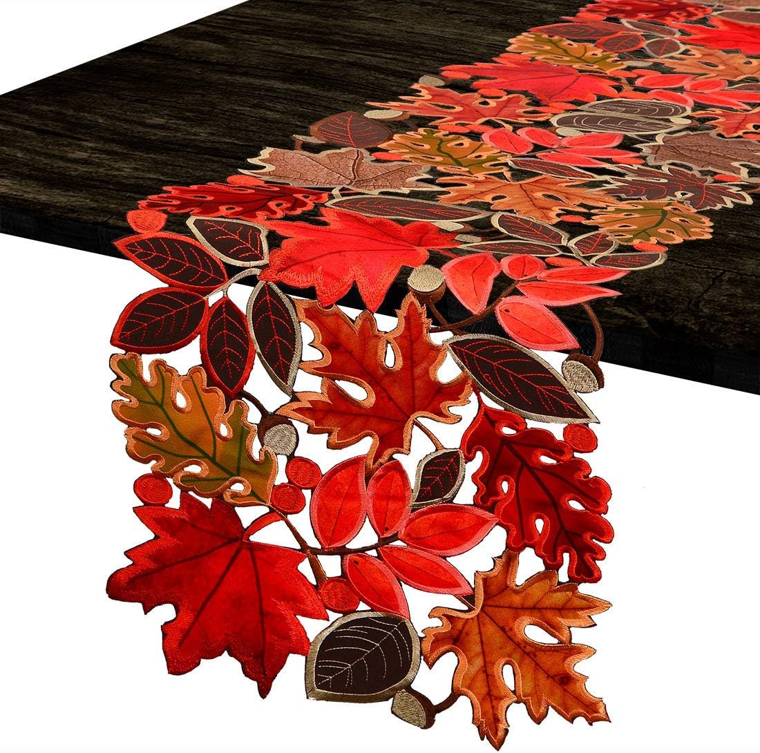 Simhomsen Embroidered Leaves Table Runner for Thanksgiving, Fall Decorations, Dresser Scarf (14 × 53 inches)