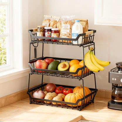 3 Tier Fruit Basket for Kitchen Counter with 2 Banana Hangers, Countertop Metal Fruit Bowl with Wooden Handle, Large Capacity Metal Wire Fruits Stand Organizer for Fruits Vegetables Breads Coffee Can