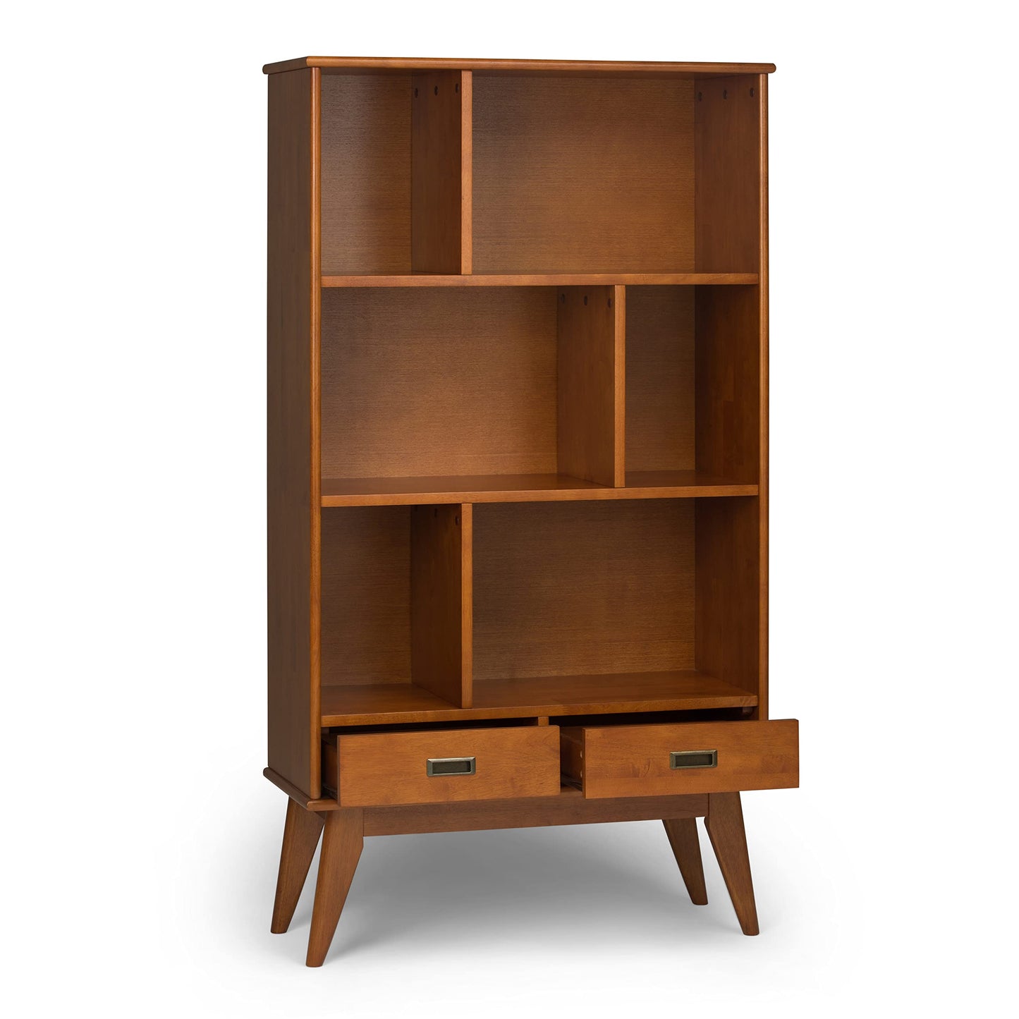 SIMPLIHOME Draper 35 inch Mid-Century Modern 6 Cubbie Bookcase with Drawer (Set of 2) in Teak Brown for the Living Room, Study Room and Office