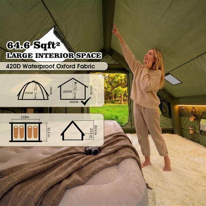 9.8' x 7' Inflatable Tents for Camping 4-6 Person, 4 Season Blow Up Tent with Waterproof & Anti-Moisture Tarp, Luxury Inflatable Hot Tent with Stove Jack for Camping Outdoors