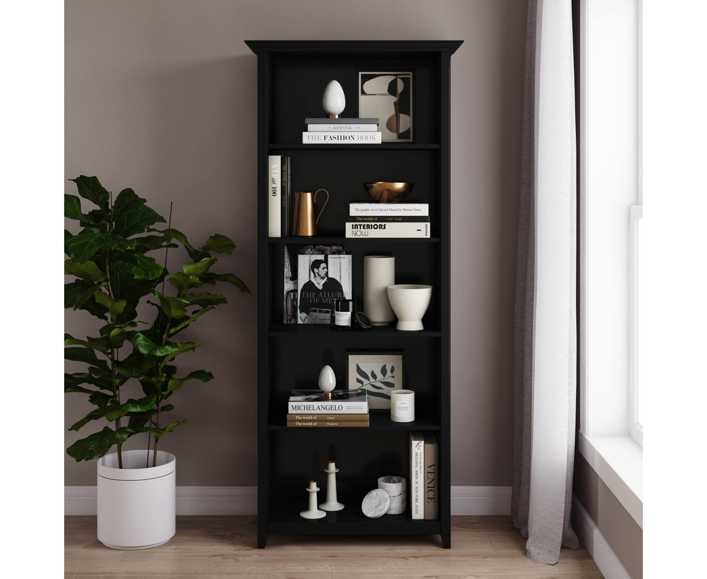 SIMPLIHOME Amherst Bookcase - 70 inch Tall 5-Shelf Solid Wood Bookshelf in Black, Transitional Storage for Living Room, Study Room or Office with Adjustable Shelves and Tapered Legs