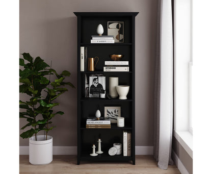 SIMPLIHOME Amherst Bookcase - 70 inch Tall 5-Shelf Solid Wood Bookshelf in Black, Transitional Storage for Living Room, Study Room or Office with Adjustable Shelves and Tapered Legs