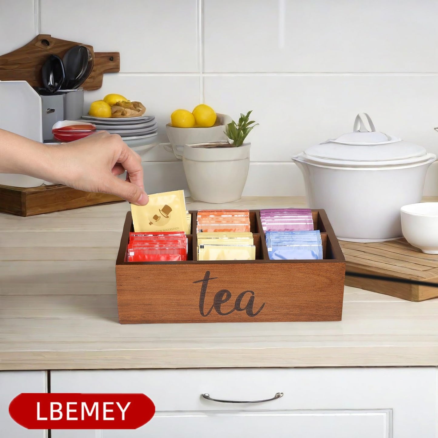 LBEMEY Tea Bag Organizer,Acacia Wood Tea Storage Containers with 6 Compartments, Sugar Packet Holder,Tea Bag Caddy Box for Cabinet Countertop Office (Brown-Labeled "Tea")