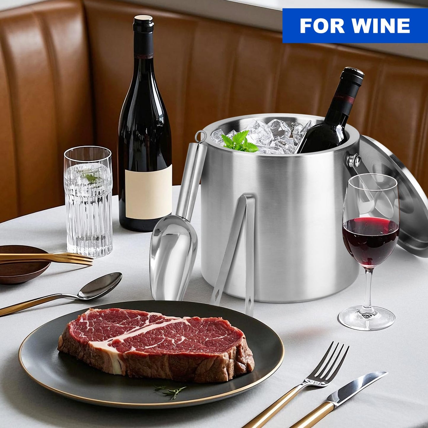 Yeatruojeet Ice Bucket, 3L Double Wall Insulated Ice Bucket with Lid,Scoop,Tongs- Inner Layer 304 Stainless Steel Ice Container Keep Ice Frozen Longer- Ideal for Cocktail Bar,Parties,Chilling Beer Win