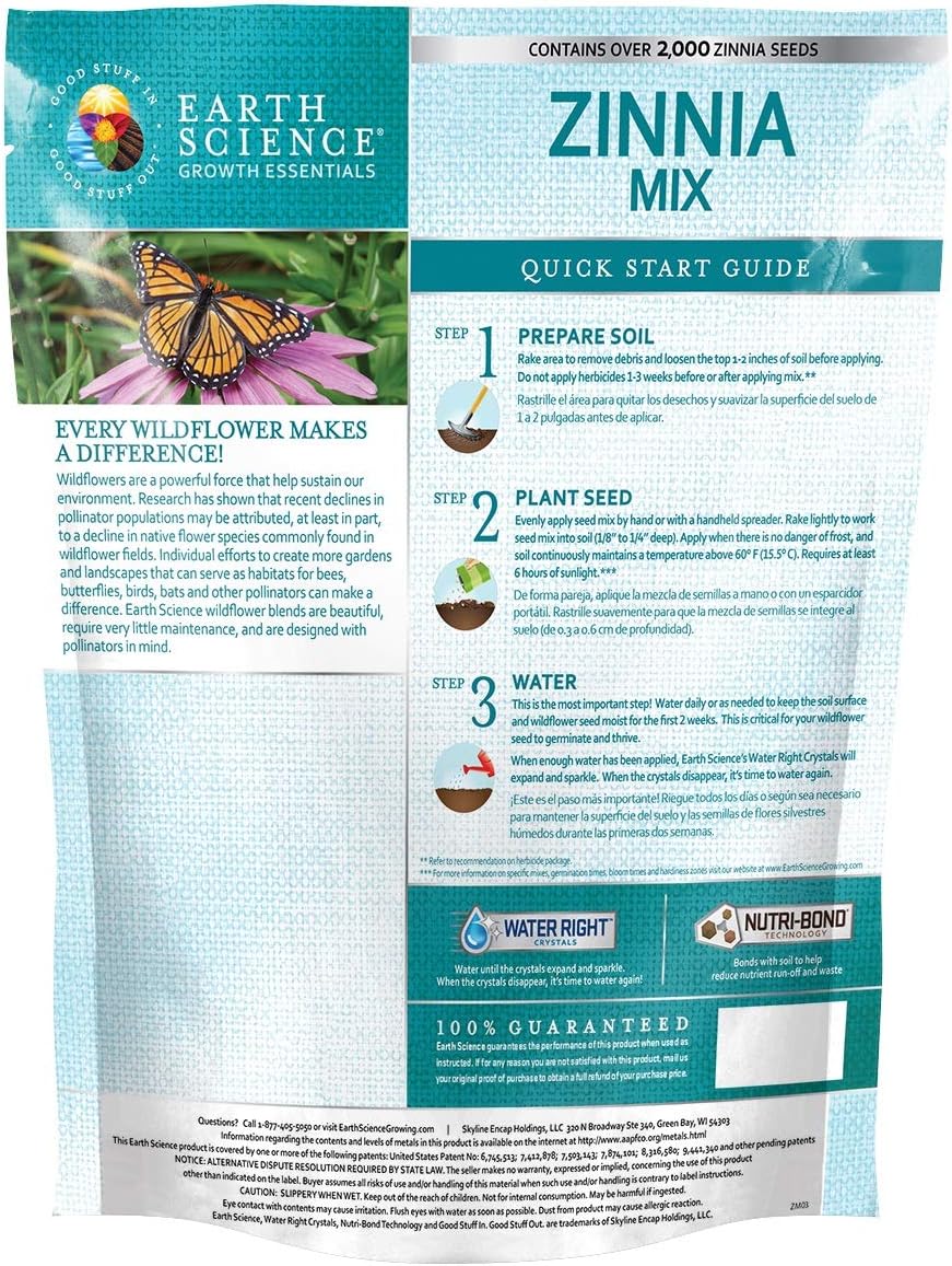 Zinnia Mix from Earth Science (2 lb), 3-in-1 Mix with Premium Wildflower Seed, Plant Food, Soil Conditioners, Non-GMO