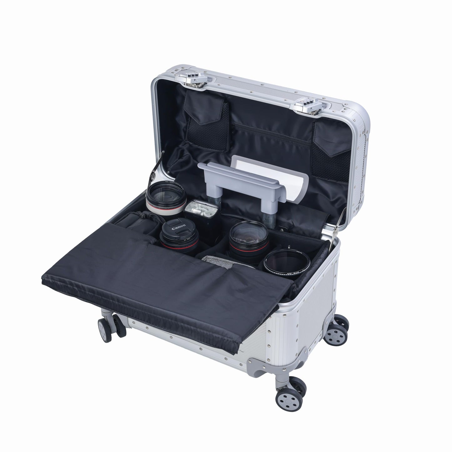 Perle Path All Aluminum Rolling Camera Case, Pilot case, Camera roller bag, Carry on, Hard Shell Photography Equipment suitcase with 4 Wheels and Telescopic Handle (Silver(with camera bag inside))